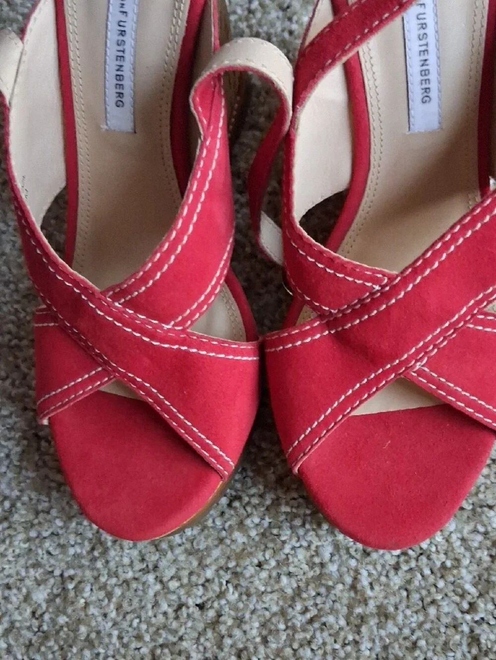 Diane Von Furstenberg Red Suede Cork Wedge Sandals